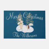 Waterverf Ice Skating Forest Animals op blauw Deurmat (Voorkant)