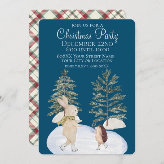 Waterverf Ice Skating Forest Animals op blauw Kaart (Voorkant / Achterkant)