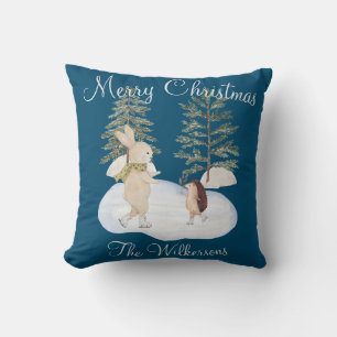 Waterverf Ice Skating Forest Animals op blauw Kussen