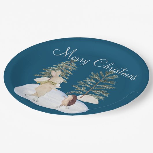 Waterverf Ice Skating Forest Animals op blauw Papieren Bordje (Gekanteld)