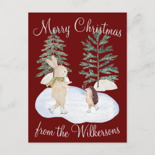 Waterverf Ice Skating Forest Animals op Bourgogne Briefkaart