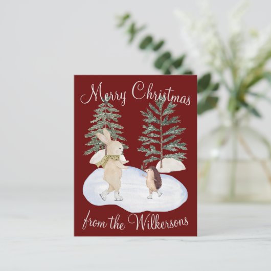 Waterverf Ice Skating Forest Animals op Bourgogne Briefkaart (Staand voorkant)