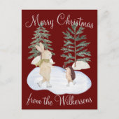 Waterverf Ice Skating Forest Animals op Bourgogne Briefkaart (Voorkant)