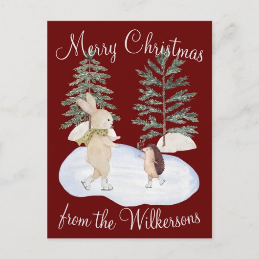 Waterverf Ice Skating Forest Animals op Bourgogne Briefkaart (Voorkant)