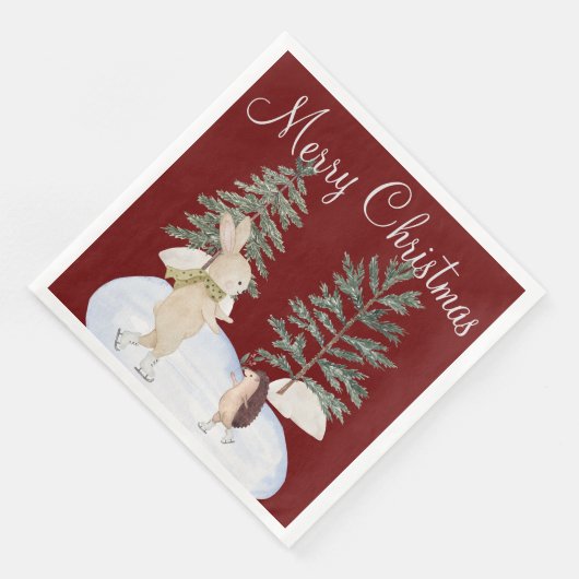 Waterverf Ice Skating Forest Animals op Bourgogne Servet (Hoek)