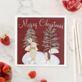 Waterverf Ice Skating Forest Animals op Bourgogne Servet (Insitu)