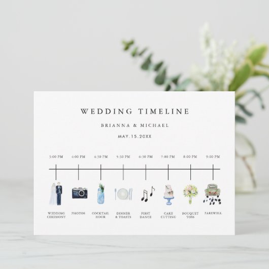 Waterverf Icon Trouwdag Tijdlijn & Ceremonie Programmakaart (Staand voorkant)