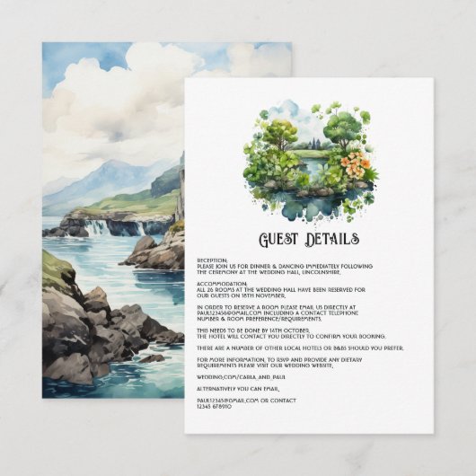 Waterverf Ierland Bruiloft Gast Details Informatiekaartje (Voorkant / Achterkant)