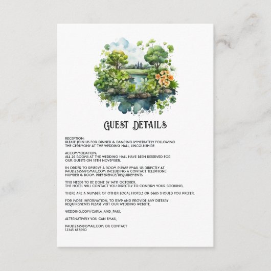 Waterverf Ierland Bruiloft Gast Details Informatiekaartje (Voorkant)