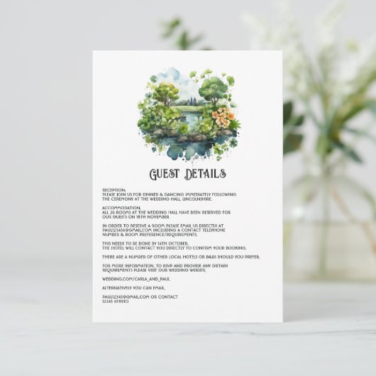 Waterverf Ierland Bruiloft Gast Details Informatiekaartje (Staand voorkant)