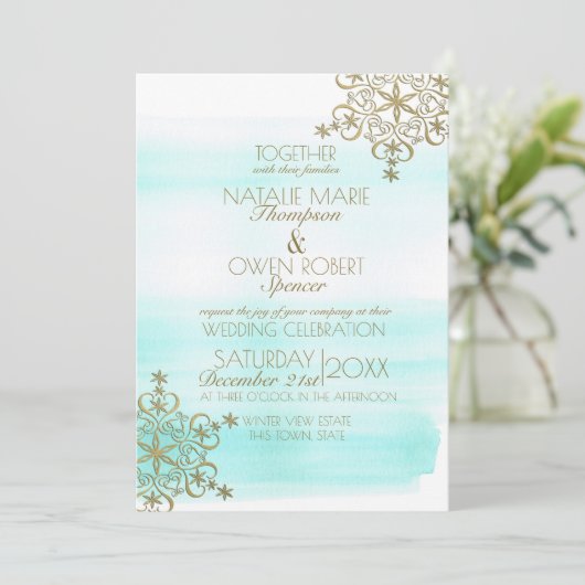 Waterverf IJs en Gouden Sneeuwvlokken Winterbruilo Kaart (Staand voorkant)