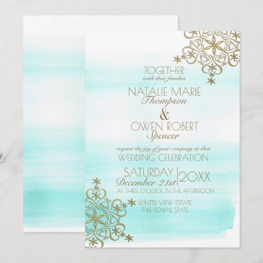 Waterverf IJs en Gouden Sneeuwvlokken Winterbruilo Kaart (Voorkant / Achterkant)