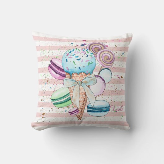 Waterverf ijs,Macarons,Roze Strepen Kussen (Voorkant)