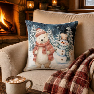 Waterverf IJsbeer en Sneeuwman Winter Kerstmis Kussen