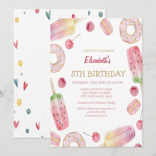 Waterverf ijscrème, donuts Sweets Birthday Kaart (Voorkant / Achterkant)