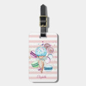 Waterverf ijscrème, macroonen, roze strips bagagelabel (Voorkant verticaal)