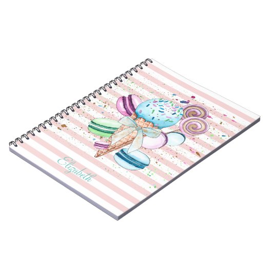 Waterverf ijscrème, macroonen, roze strips notitieboek (Linkerzijde)
