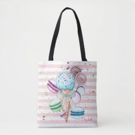 Waterverf ijscrème, macroonen, roze strips tote bag