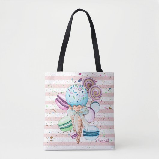 Waterverf ijscrème, macroonen, roze strips tote bag (Voorkant)
