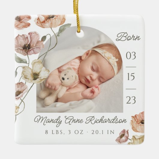 Waterverf IJslandse Poppy Baby Geboorte Statistiek Keramisch Ornament (Voorkant)