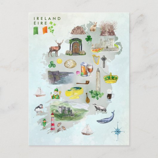 Waterverf Illustrated Map of Ireland Art Briefkaart (Voorkant)
