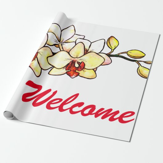 waterverf illustratie orchidee gele bloesem cadeaupapier (Uitgerold)