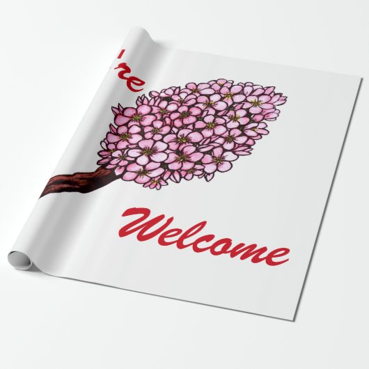 waterverf illustratie roze kerry blossom cadeaupapier (Uitgerold)