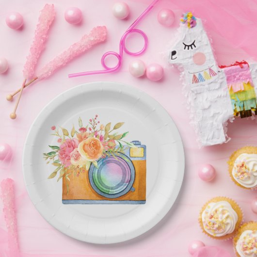 waterverf+illustratie, sinaasappel+camera, floral+ papieren bordje (Feest)