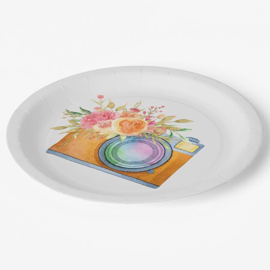 waterverf+illustratie, sinaasappel+camera, floral+ papieren bordje (Gekanteld)