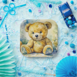 Waterverf Illustratie Teddy Bear Baby shower Papieren Bordje