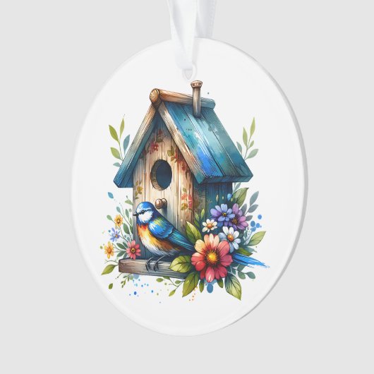 Waterverf illustratie van Birdhouse Christmas Ornament (voorkant)