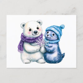 Waterverf Illustratie van een Polar Beer en Zegel Briefkaart