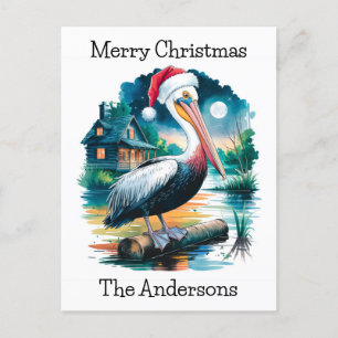 Waterverf illustratie van een Santa Pelican Feestdagenkaart