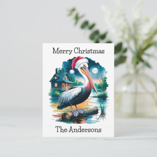 Waterverf illustratie van een Santa Pelican Feestdagenkaart (Staand voorkant)