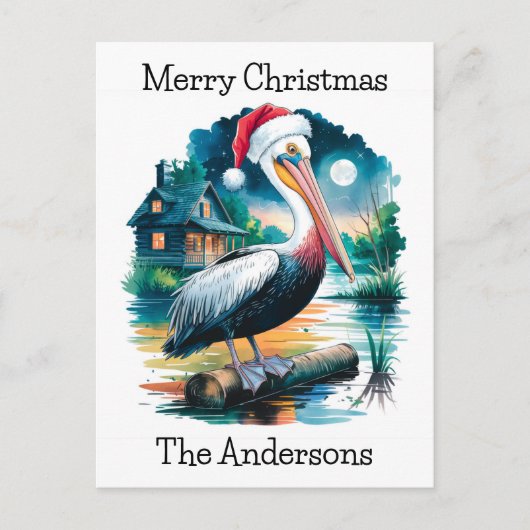 Waterverf illustratie van een Santa Pelican Feestdagenkaart (Voorkant)
