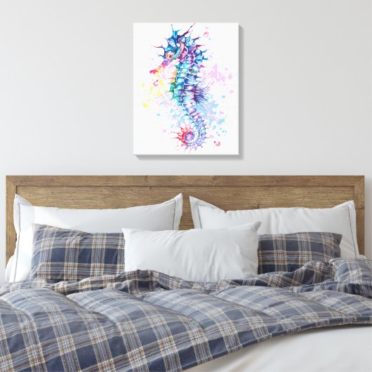 Waterverf illustratie van kleurrijk Seahorse Canvas Afdruk (Insitu (Slaapkamer))