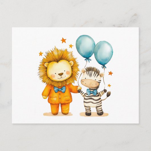 Waterverf Illustratie van Leeuw en Zebra met Bal Briefkaart (Voorkant)