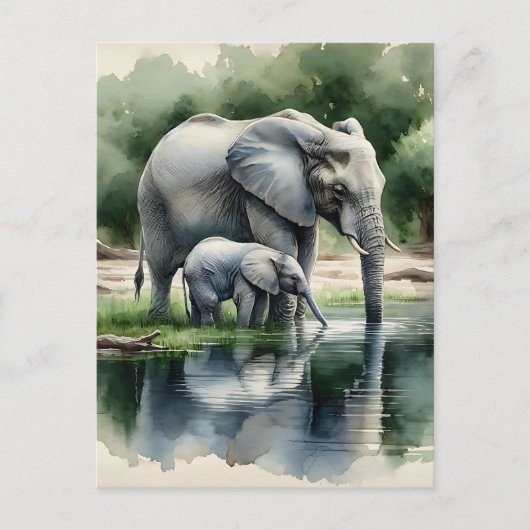 Waterverf illustratie van mama en Baby olifant Briefkaart (Voorkant)