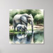 Waterverf illustratie van mama en Baby olifant Canvas Afdruk (Voorkant)