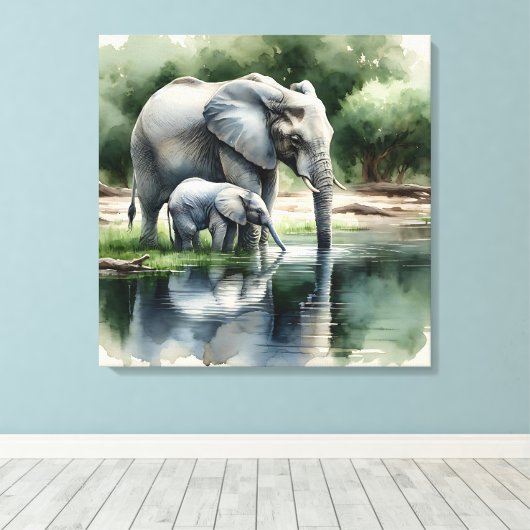 Waterverf illustratie van mama en Baby olifant Canvas Afdruk (Insitu (Houten vloer))