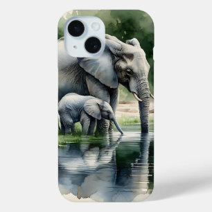 Waterverf illustratie van mama en Baby olifant iPhone 15 Case