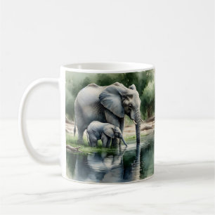 Waterverf illustratie van mama en Baby olifant Koffiemok