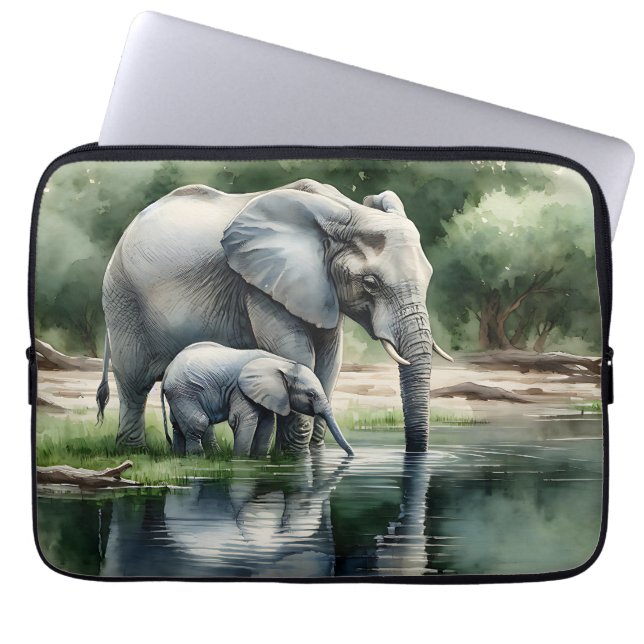 Waterverf illustratie van mama en Baby olifant Laptop Sleeve (Voorkant)