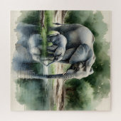 Waterverf illustratie van mama en Baby olifant Legpuzzel (Horizontaal)