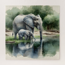 Waterverf illustratie van mama en Baby olifant Legpuzzel