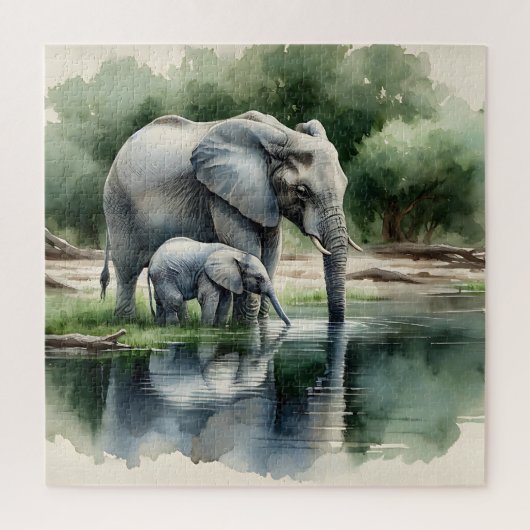 Waterverf illustratie van mama en Baby olifant Legpuzzel (Verticaal)