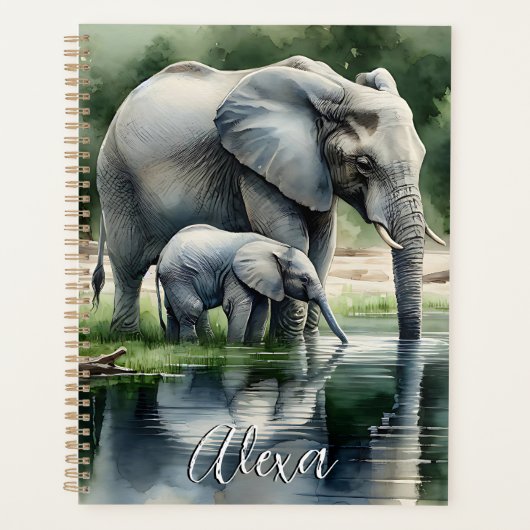 Waterverf illustratie van mama en Baby olifant Planner (Voorkant)