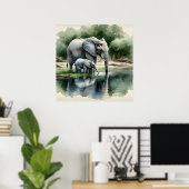 Waterverf illustratie van mama en Baby olifant Poster (Thuiskantoor)