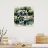 Waterverf illustratie van mama en Baby olifant Poster (Keuken)