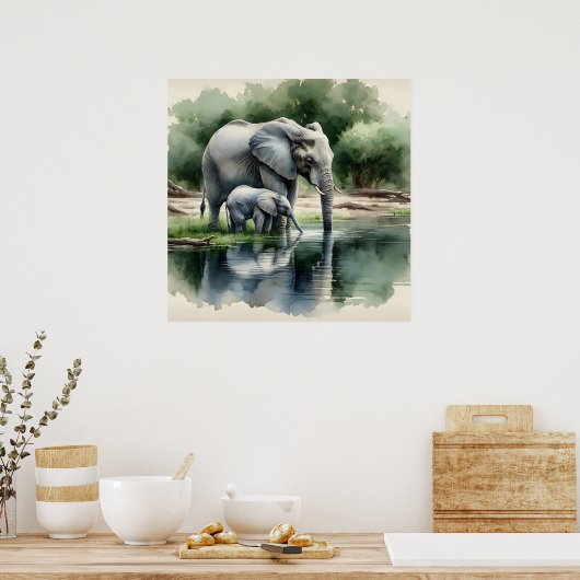 Waterverf illustratie van mama en Baby olifant Poster (Keuken)